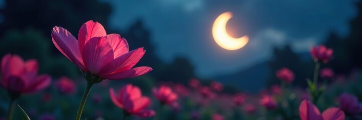Fototapeta premium Delicate petals of night-blooming flowers unfolding towards a radiant, glowing crescent moon above a softly lit garden scene, plant life, crescent moon, soft lighting