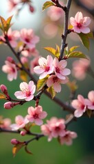 Fototapeta premium Delicate peach tree branches with numerous small peach blossoms, outdoor, nature
