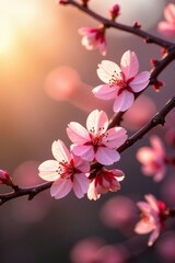 Obraz premium Delicate plum blossoms in soft pink hue hang from bare branches amidst gentle golden light, plum blossoms, golden hour