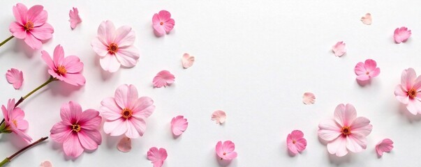 Fototapeta premium Delicate pink flowers scattered on a pristine white canvas, delicate, blossoms, floral