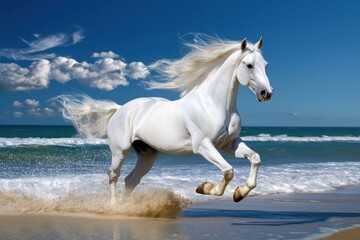 Powerful display of a white horse in full stride.