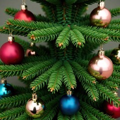 Fototapeta premium Evergreen tree branch adorned with colorful glass balls in a symmetrical pattern, Christmas tree, seasonal