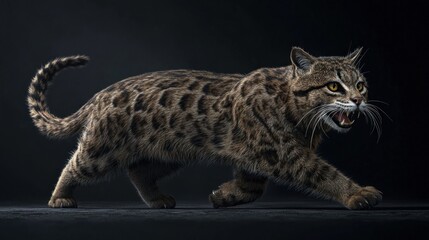 Naklejka premium Wild Cat Walking with Intense Expression and Distinctive Spots Against Dark Background