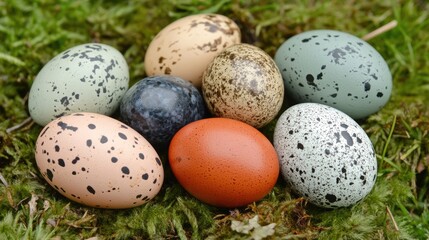Obraz premium Colorful Speckled Eggs on Green Mossy Ground in Natural Setting