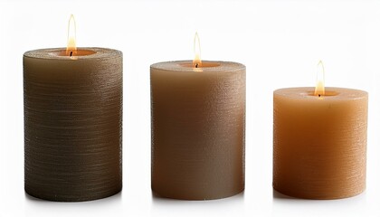 Set of pillar candles with flames illuminated isolated on white background - three burning candles