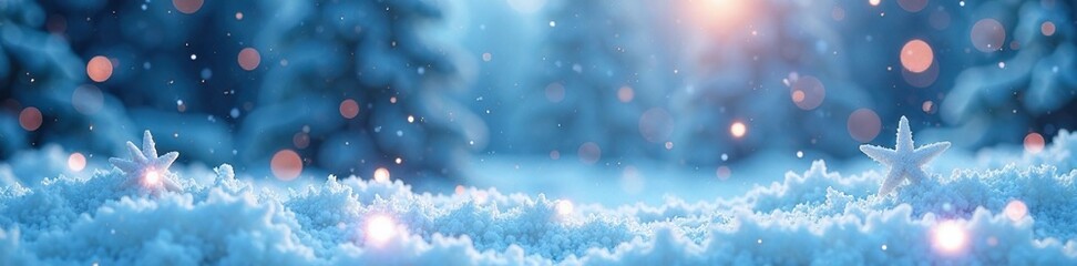 Obraz premium Icy winter scene with white stars and glittering snowflakes suspended in mid-air amidst a frosty landscape, pastel colors, ethereal glow