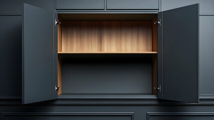 Fototapeta premium A modern cabinet with open doors, showcasing an empty wooden shelf inside.
