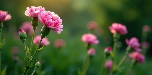 Fototapeta premium Individual pink wild carnations on a stem or branch, greenery, botanical, scenery