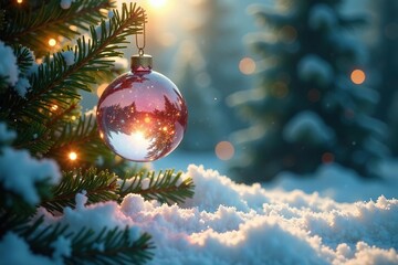 Iridescent crystal orb suspended in mid-air amidst lush green foliage and sparkling golden snowflakes, festive, Christmas, snow