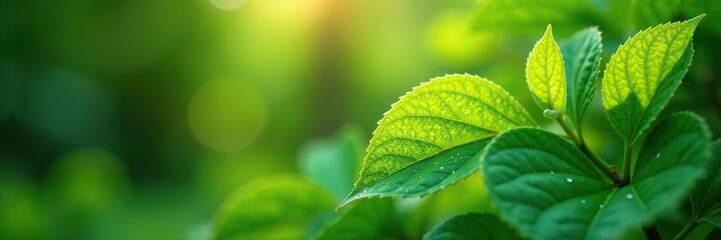 Fototapeta premium Leaves glistening with dew as sunlight touches them, greenery, leaf, foliage