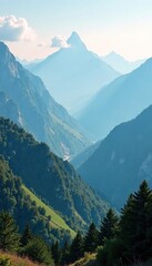 Obraz premium Mountain peaks and valleys in the distance with a misty atmosphere, distance, landscape, scenery