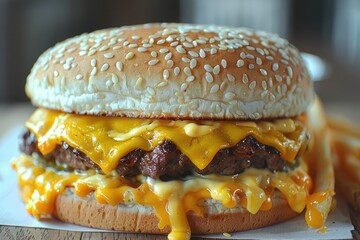 Juicy cheeseburger with crispy fries