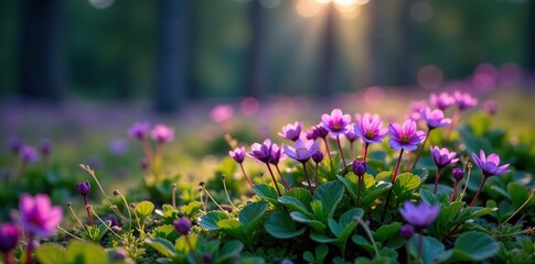 Purple saxifrage blooms in short Arctic summer darkness, short summer, trees, wildflowers