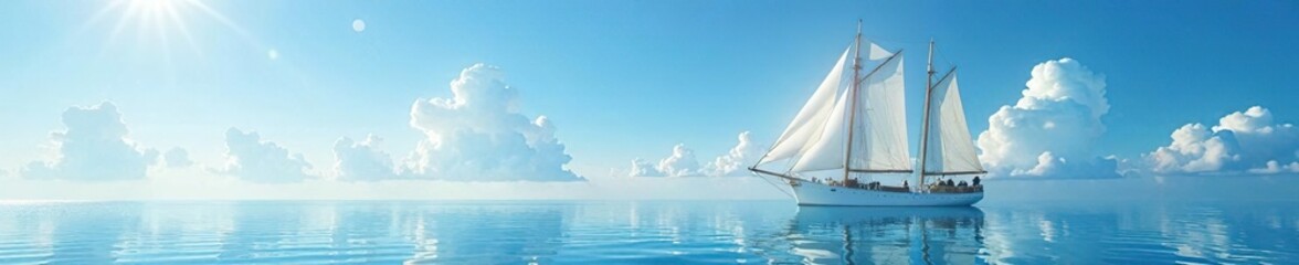 Sailing ship in the calm sea on a bright sunny day, white clouds, sailing ship