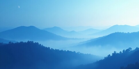 Serene misty atmosphere enveloping an abstract blue landscape, peaceful, wispy, abstract blue background