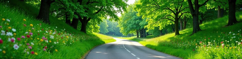Serene winding road through lush green landscape with trees and flowers, trees, green