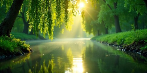 Obraz premium Serene water surface reflected morning light amidst lush willow branches, tranquil, greenery, morning