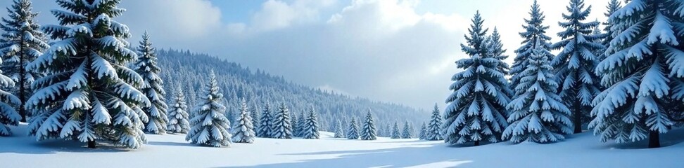 Obraz premium Snow-covered evergreen trees in frosty forest, snow covered trees, coniferous trees, winter woods