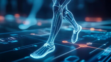 A digital representation of a runner's leg in motion, showcasing a blend of technology and athleticism on a futuristic interface. Sport technology concept.