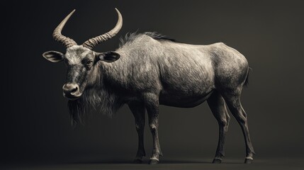 Realistic full body hyper-detailed depiction of a majestic wild animal with impressive horns and textured fur under dramatic lighting