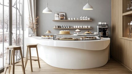 Small modern Korean style design cafe, glossy ivory white round corner counter, cake display, professional espresso machine, bar table, stool by window for interior design decoration background 3D