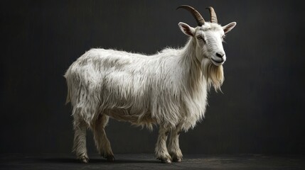 Obraz premium Majestic White Goat Standing Gracefully Against Dark Background with Soft Lighting and Detailed Texture in Full Body View