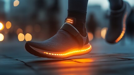Stylish illuminated running shoes in motion on a city street at dusk, showcasing vibrant orange lights for visibility and flair. Sport technology concept.