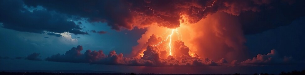 Towering storm cloud with a fiery column of light piercing through its darkness, thunder, stormy night