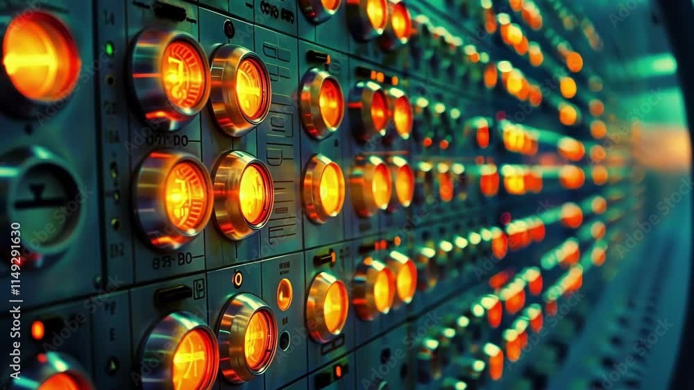 Poster rows of illuminated knobs and faders on a vintage mixing console create a warm and inviting ambiance