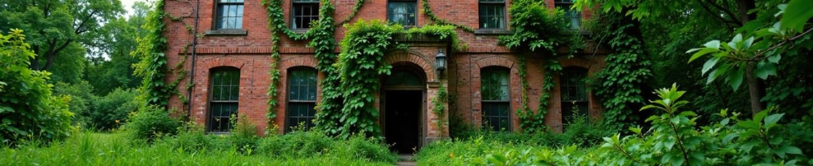 Weeds and vines wrapping around a three-story brick building, abandoned, overgrowth, plants