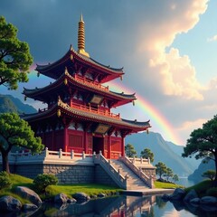 Fototapeta premium A majestic Asian temple with a stunning rainbow in the background, Rainbow Colors, Rainbow, Spectrum