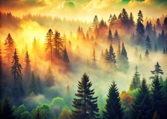 Ingelijste posters Misty Fir Forest Landscape - Vintage Retro Long Exposure Photography