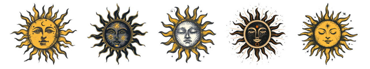 PNG Vintage celestial sun faces illustration, isolated element set, transparent background