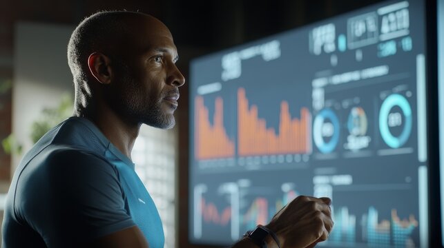 A focused individual analyzes data on a large screen, showcasing modern technology and analytics in a contemporary workspace. Sport technology concept.