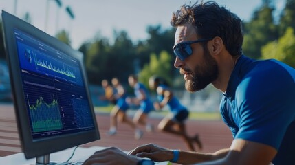 A coach analyzes performance data on a computer while athletes train in the background, showcasing sports technology and dedication. Sport technology concept.