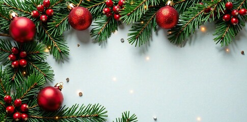 Christmas wreath made of evergreen branches and red berries adorned with sparkling glass ornaments, festive, garland