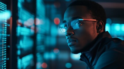 A focused individual wearing glasses looks intently at a futuristic data interface, illuminated by blue and red lights in a tech environment. Sport technology concept.