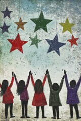 Silhouettes of children reaching for colorful stars, symbolizing dreams and aspirations.