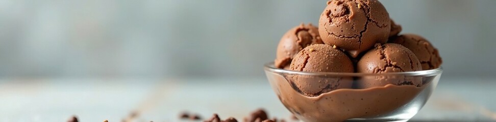 Creamy chocolate coffee ice cream ball in a clear glass bowl ice cream scoop, creamy, ball, ice cream