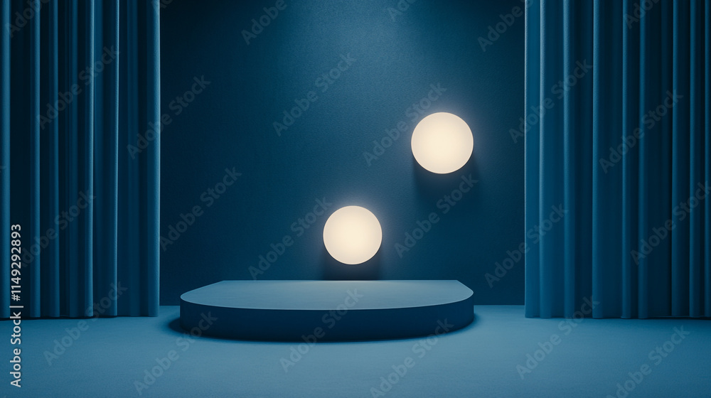 Poster modern stage setup with glowing lights and blue curtains for a performance.