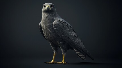 Fototapeta premium Majestic full body view of a dark gray hawk standing proudly on a black background showcasing its sharp features and textures