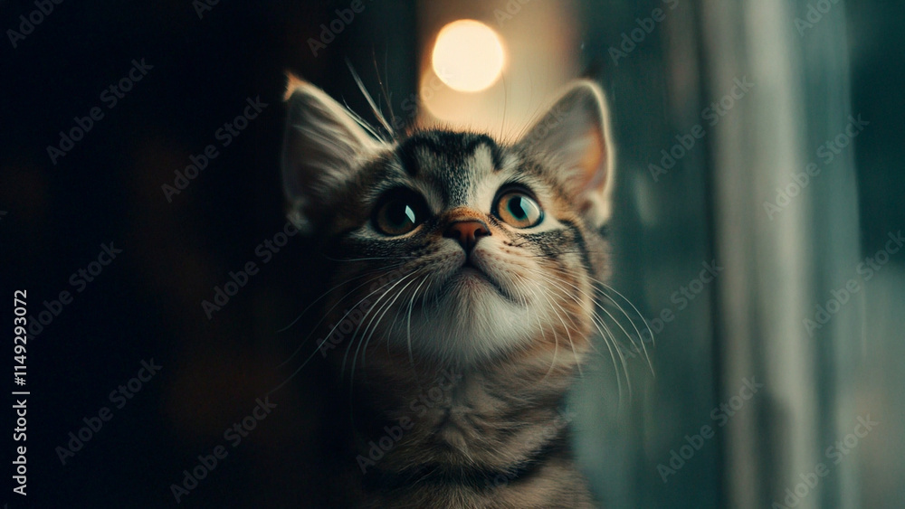 Wall mural a cat looking up at the window. cat light glare dark background tabby close up. close up of a cat wi