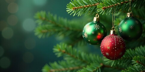 Fir branches with green baubles and holly leaves on a blurred background, decoration, festive, bokeh