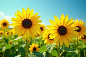 Obraz premium Field of tall sunflowers with bright yellow petals and dark centers, sunshine, blooming, flowers