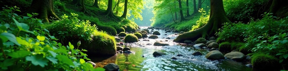 Forest landscape with a sparkling river and lush greenery surrounding it, greenery, spark, summer