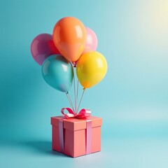 Gift box with ribbons and balloons tied to it, colorful balloons, festive atmosphere