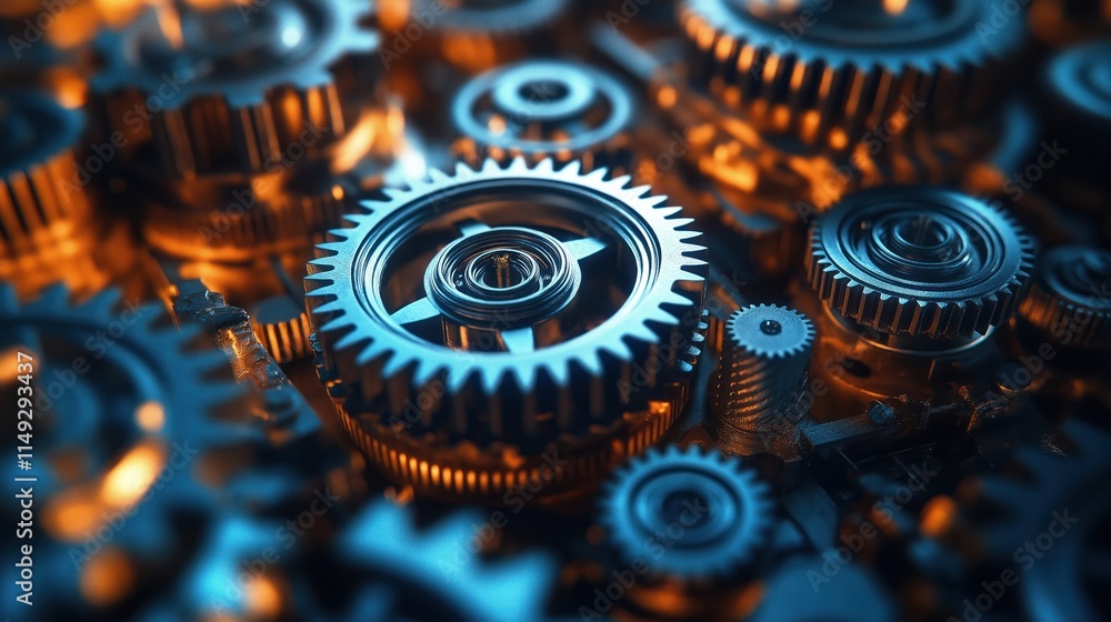 Poster closeup view of complex interlocking gears in mechanism. interconnected gears rotate, transmit power