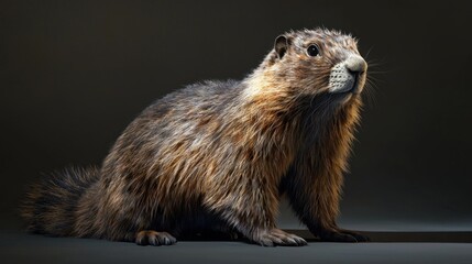 Detailed Close-Up of a Marmot Displaying Unique Fur Patterns and Curious Expression on a Dark Background