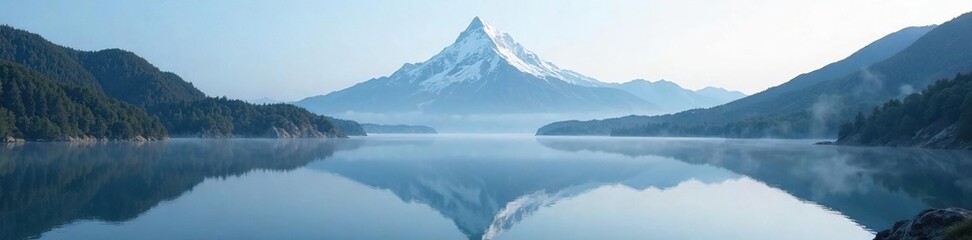 Misty lake reflections of a snow-capped mountain peak, mountains, water, landscape