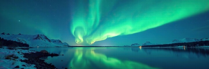 Fototapeta premium Pale blue and green aurora form a breathtaking sunset-like scene, calm ambiance, serene landscape